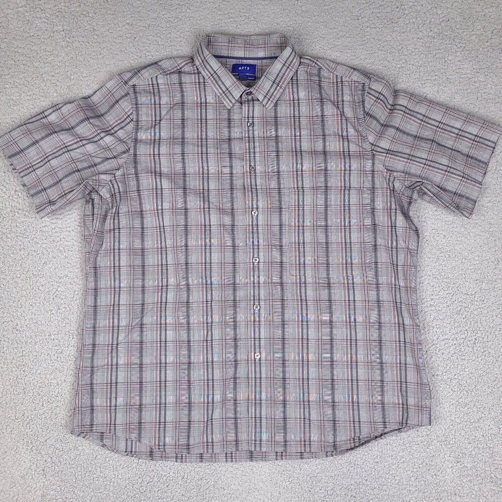 APT 9 Shirt Mens XXL Gray Plaid Premier Flex‎ Slim Fit Button Up Short Sleeve